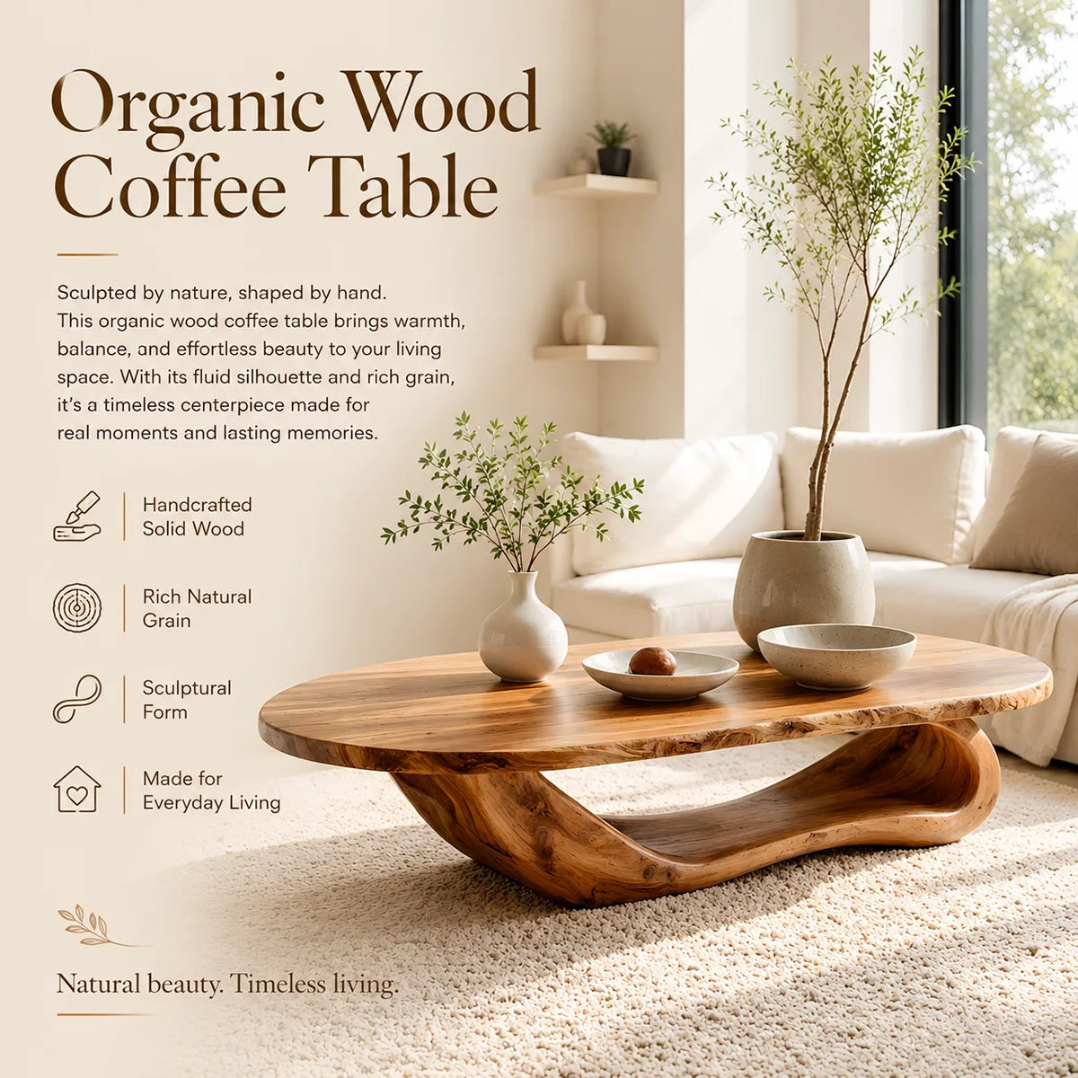 Live Edge Oval Coffee Table | Solid Wood Sculptural Coffee Table TT006-6418