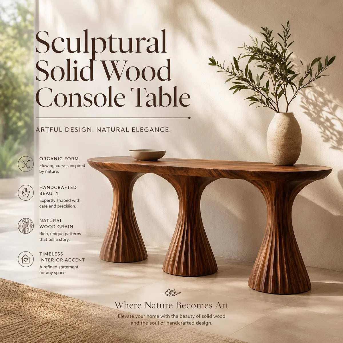 Modern Sculptural Console Table | Solid Wood Triple Pedestal Entryway Hallway Accent Table TT006-9858