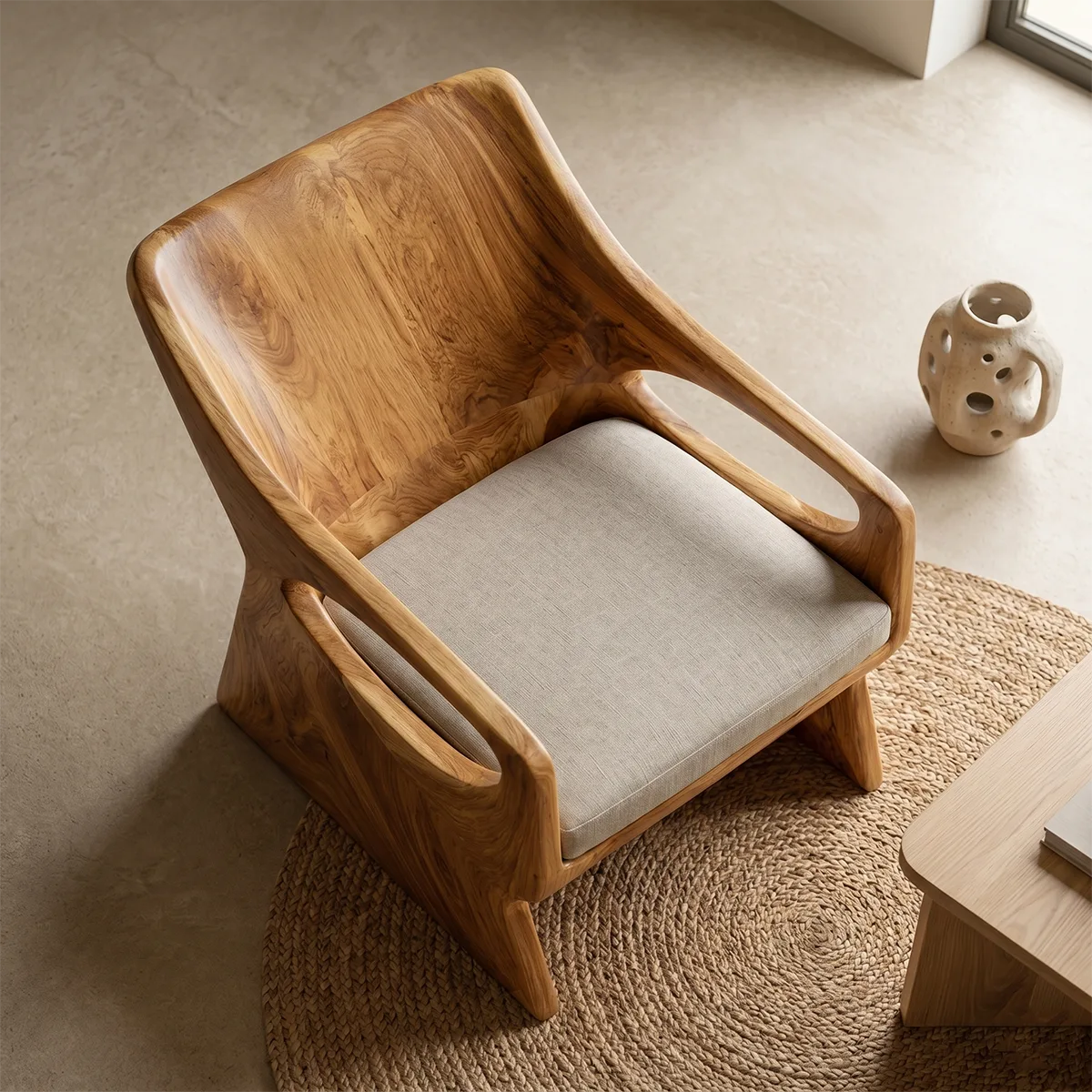 Organic Solid Wood Lounge Chair | Handcrafted Modern Wooden Accent Chair with Sculpted Arms TT006-9754