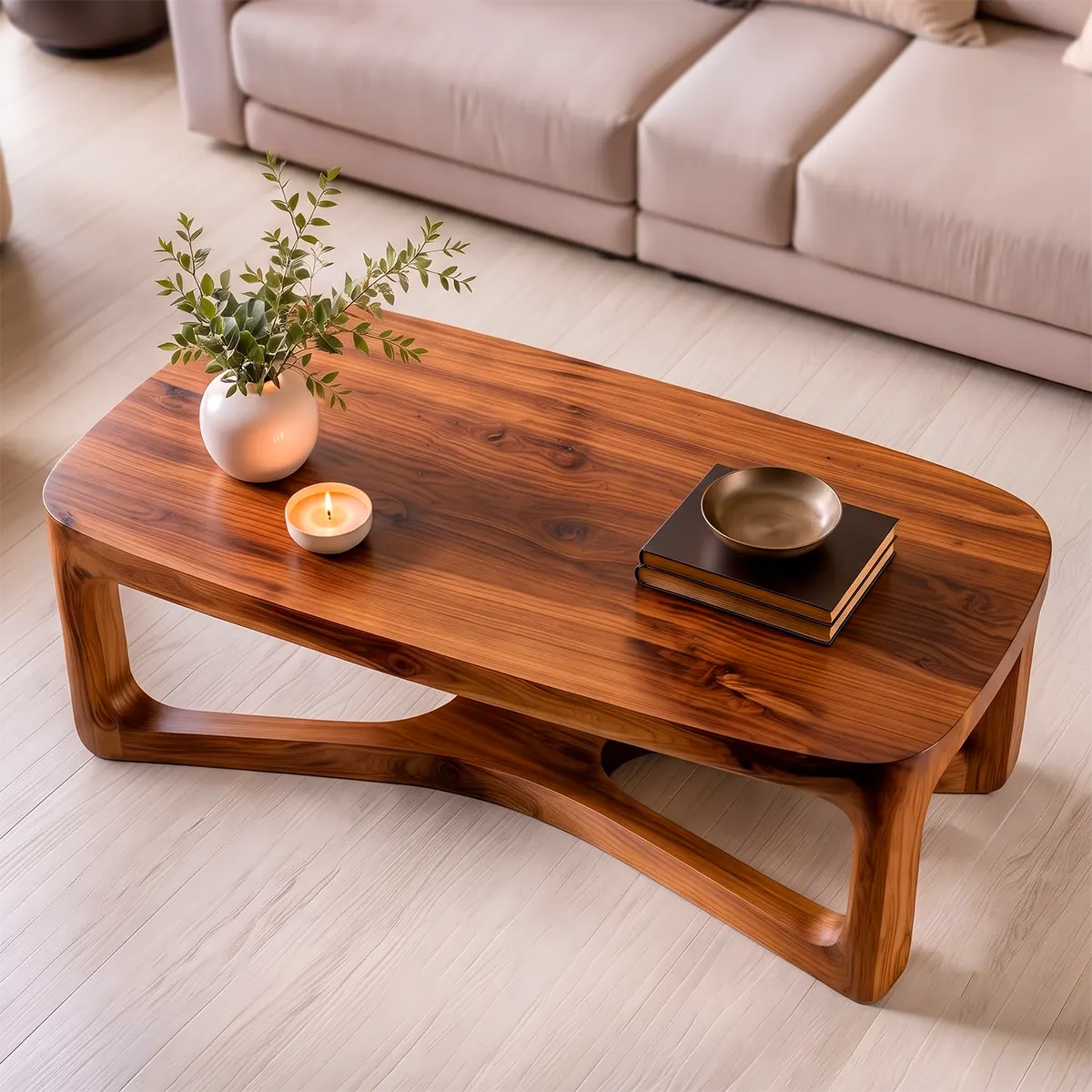 Modern Rectangular Coffee Table with Sculptural Open Shelf | Rounded Living Room Center Table TT006-2DWB9FN