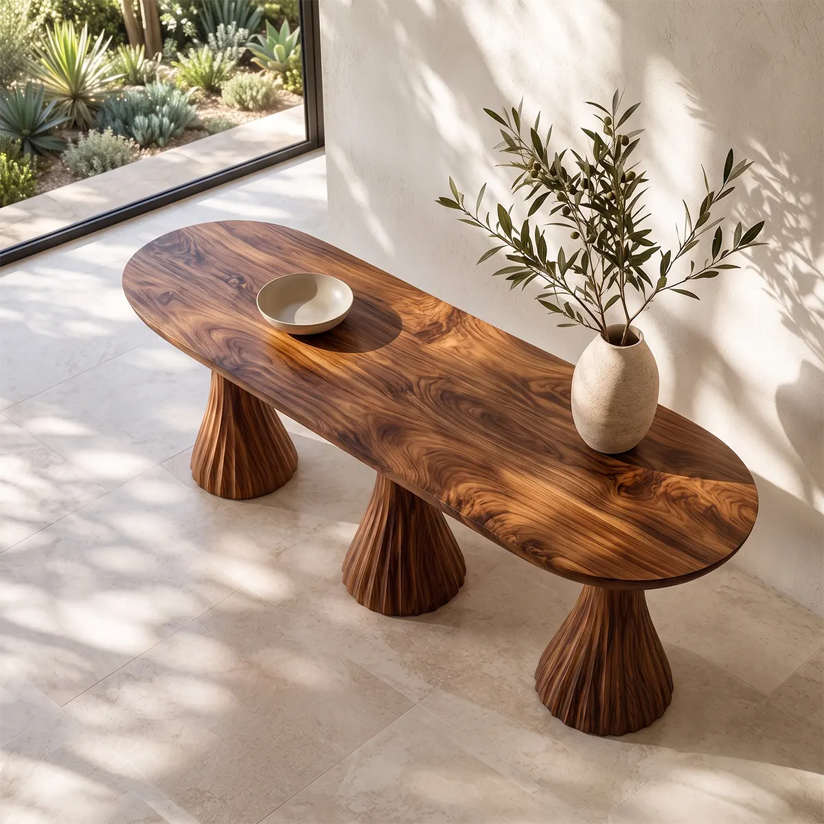 Modern Sculptural Console Table | Solid Wood Triple Pedestal Entryway Hallway Accent Table TT006-9858