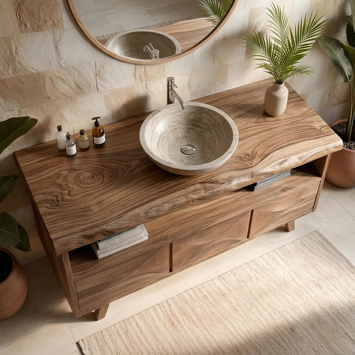 Solid Wood Bathroom Vanity with Open Shelf and 3 Drawers