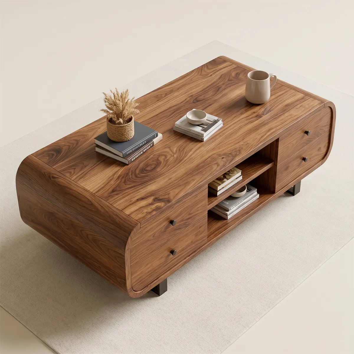 Modern Solid Wood Coffee Table with Drawers and Metal Base