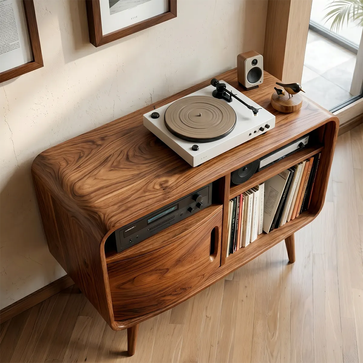 Mid Century Wooden Record Player Cabinet With Vinyl Storage