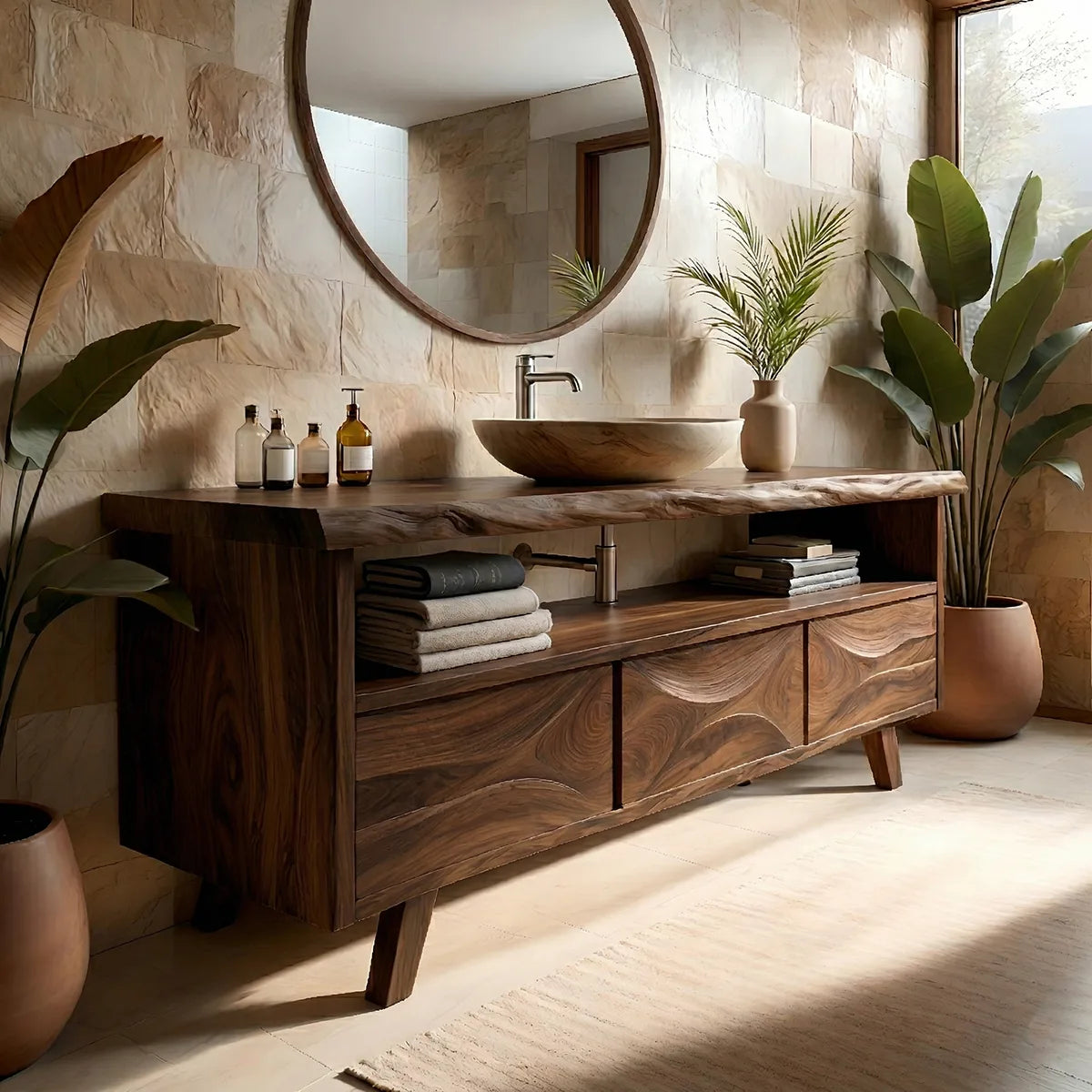 Solid Wood Bathroom Vanity with Open Shelf and 3 Drawers