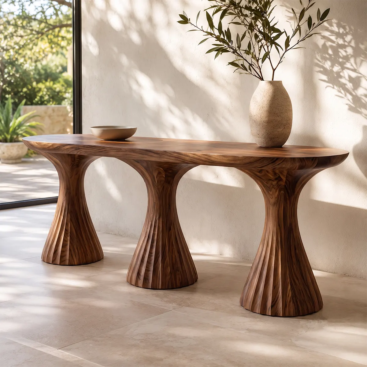 Modern Sculptural Console Table | Solid Wood Triple Pedestal Entryway Hallway Accent Table TT006-9858