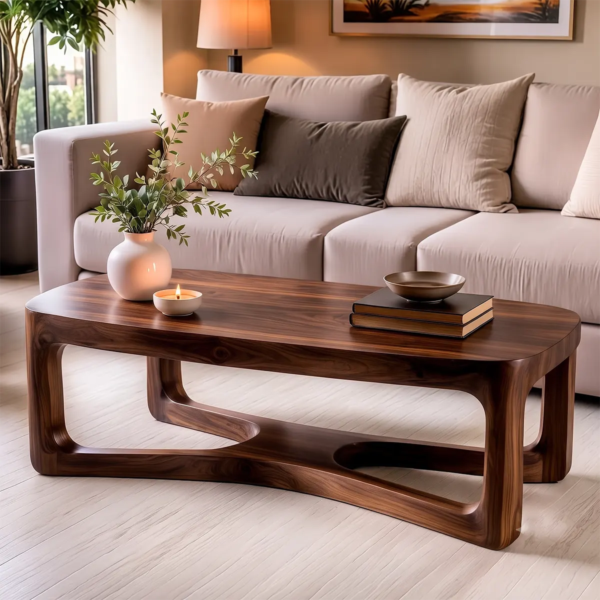 Modern Rectangular Coffee Table with Sculptural Open Shelf | Rounded Living Room Center Table TT006-2DWB9FN