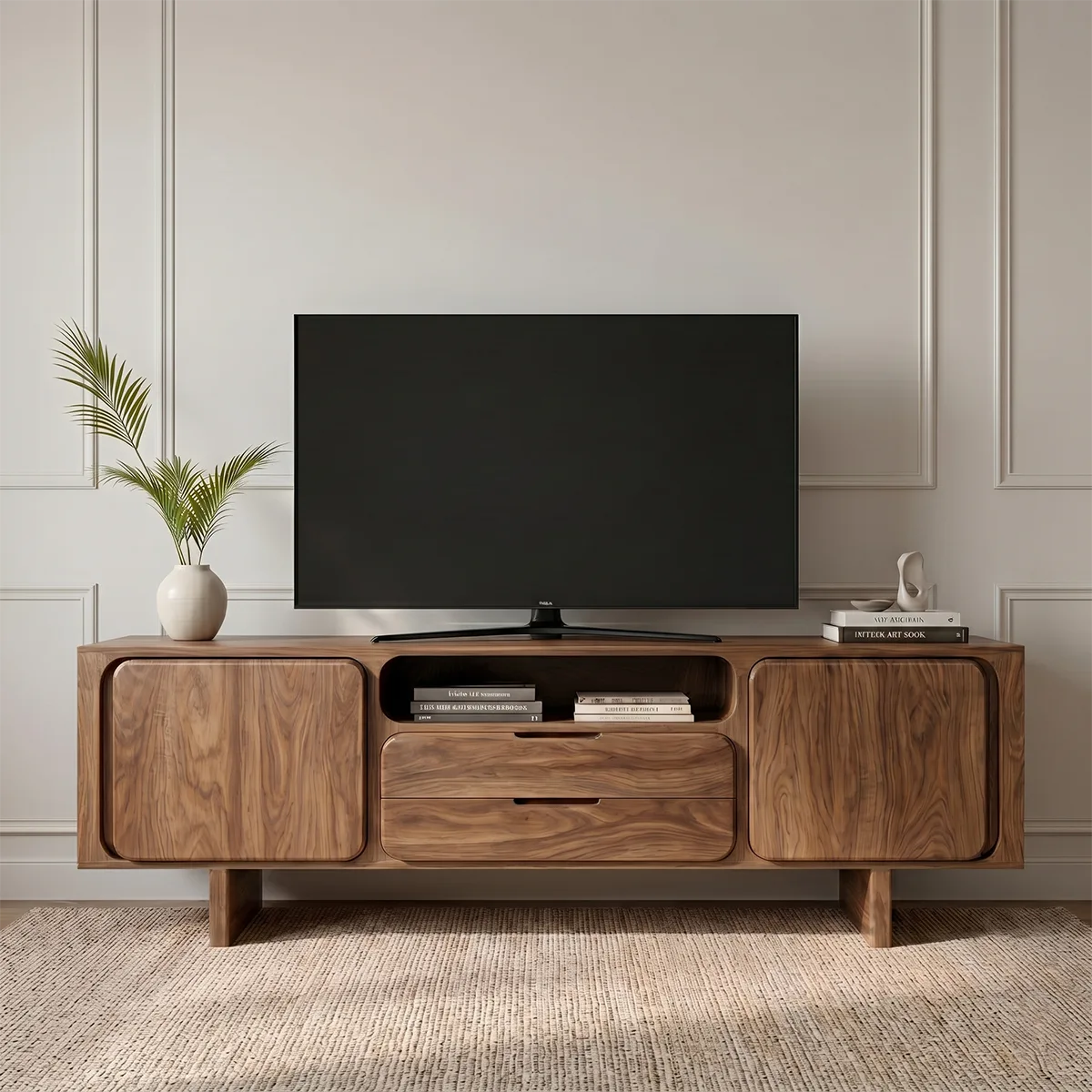 Modern Solid Wood Rounded TV Stand with Square Inset Cabinets
