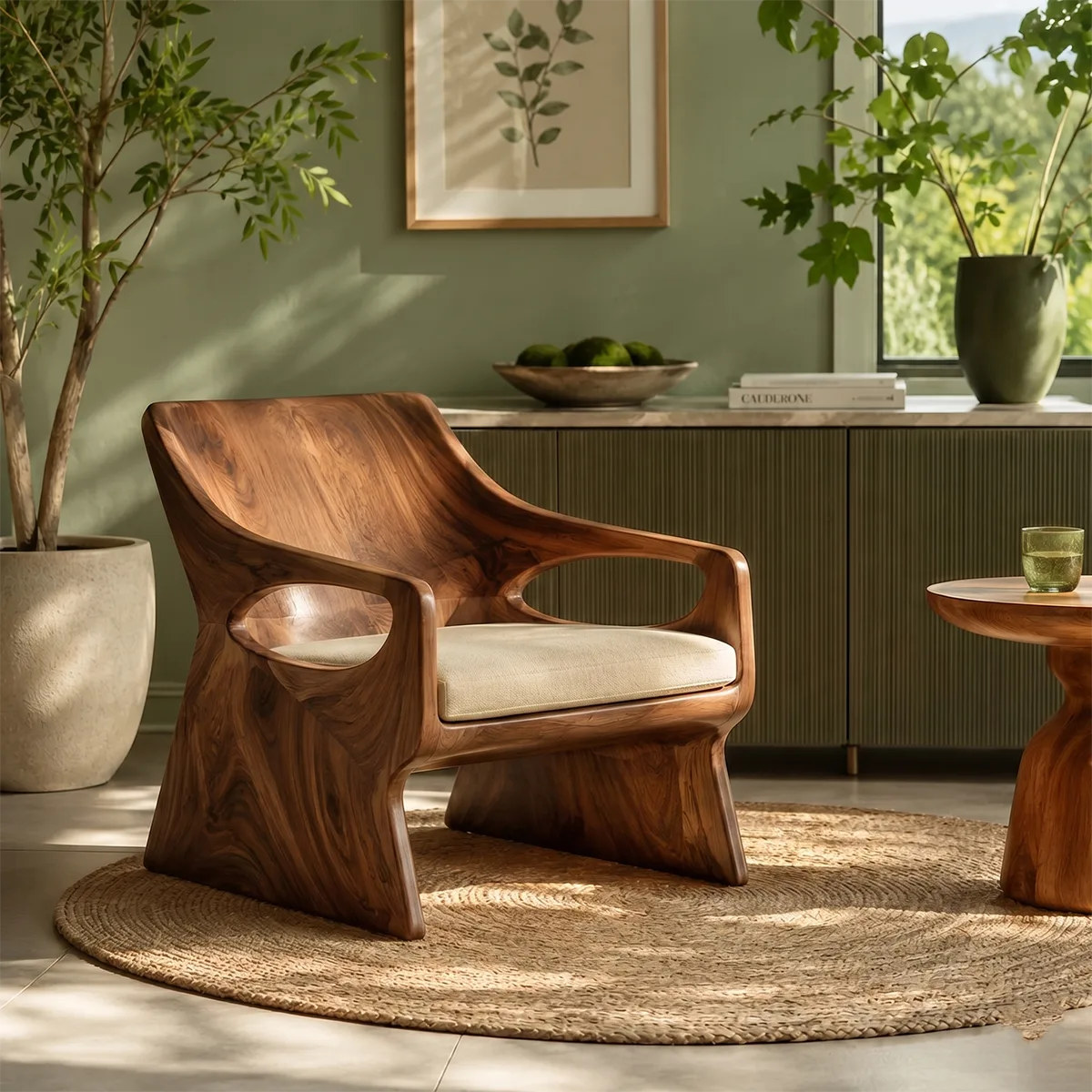 Organic Solid Wood Lounge Chair | Handcrafted Modern Wooden Accent Chair with Sculpted Arms TT006-9754
