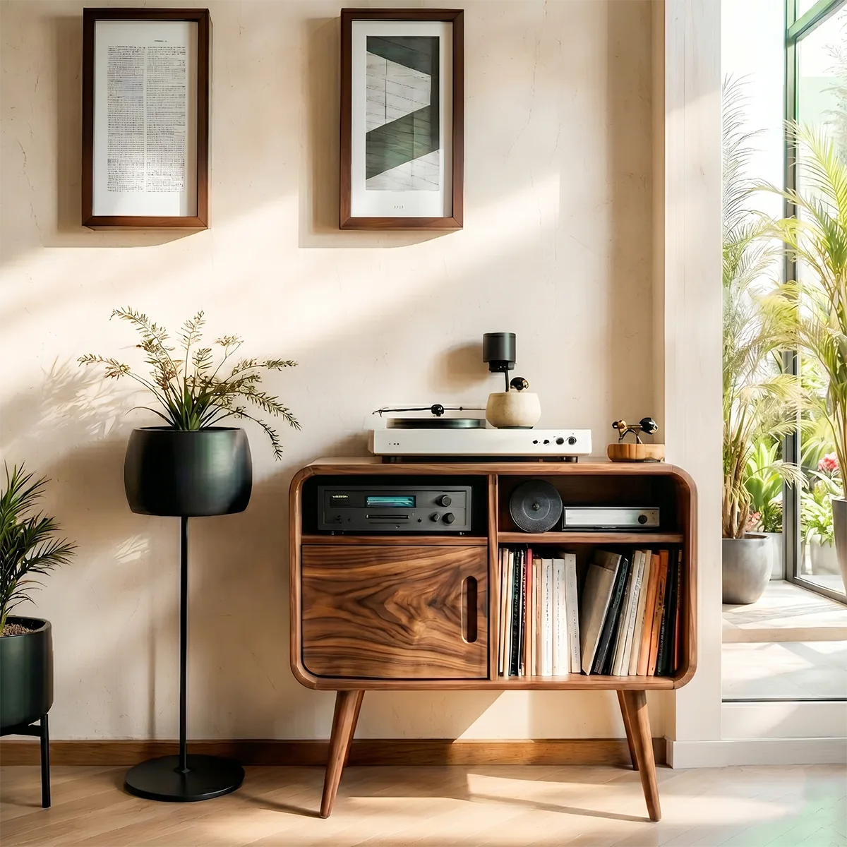 Mid Century Wooden Record Player Cabinet With Vinyl Storage