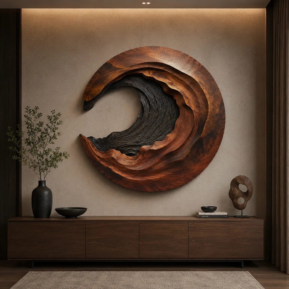 Abstract Wave Wood Wall Art | Large Round Sculptural Wooden Wall Decor TT006-1868