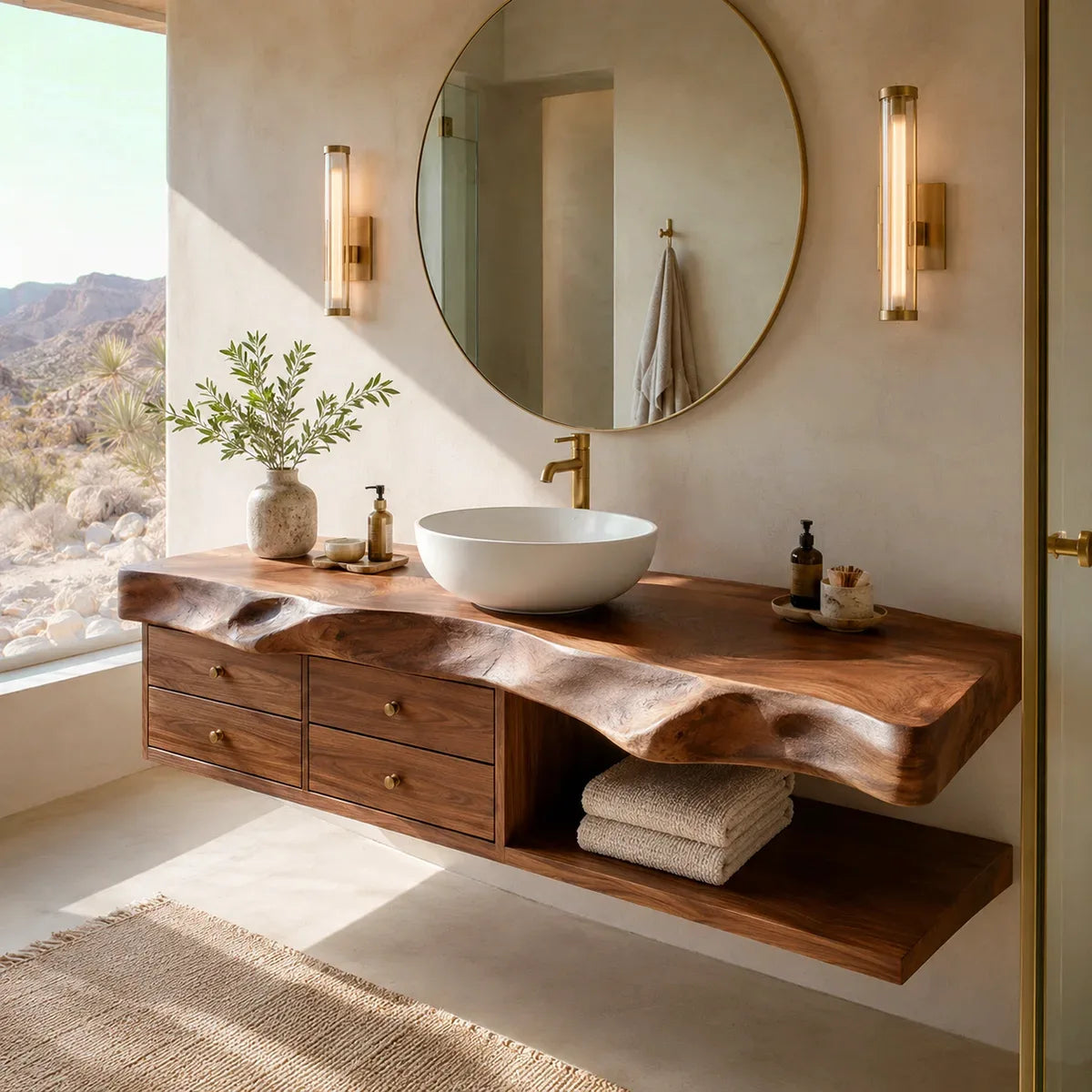 Organic Bathroom Vanity with 4 Drawers & Open Shelf | Freeform Edge Vanity Cabinet TT006-9HXZ1BE