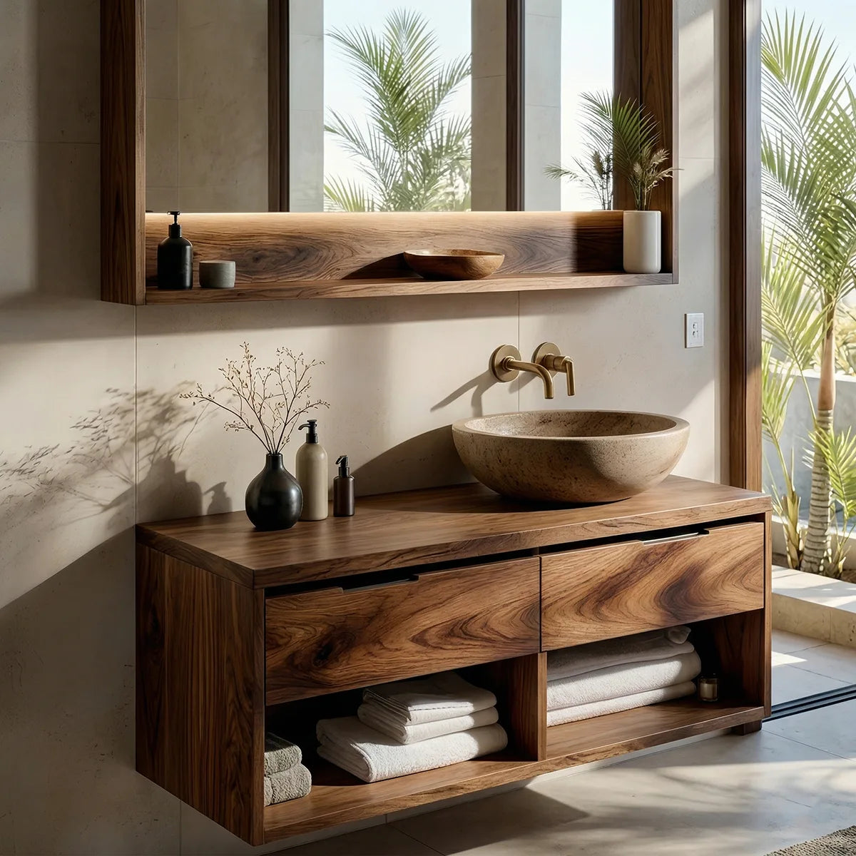 Floating Solid Wood Bathroom Vanity with 2 Drawers and Open Shelf