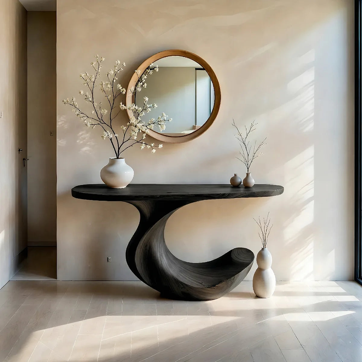 Sculptural Solid Wood Console Table with Flowing Wave Base