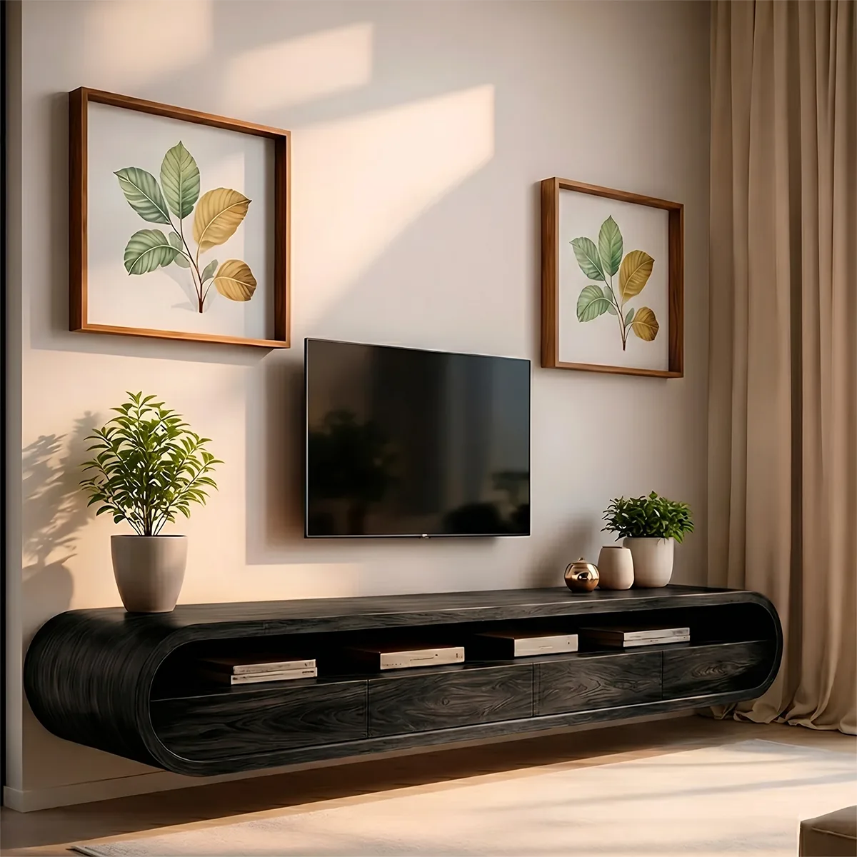 Modern Solid Wood Floating TV Stand with Rounded Edges