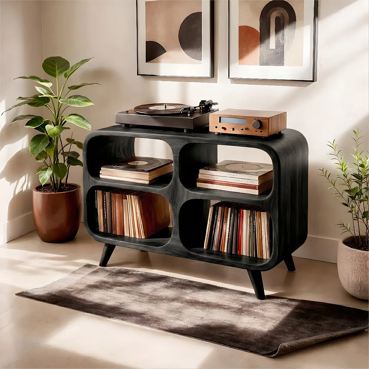 Mid-Century Modern Curved Wooden Media Console Base, Record Player Stands