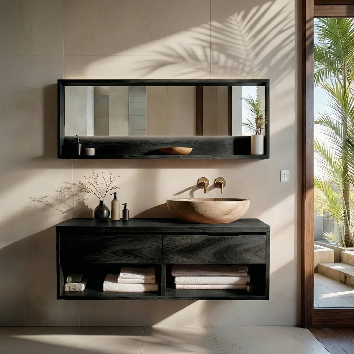 Floating Solid Wood Bathroom Vanity with 2 Drawers and Open Shelf
