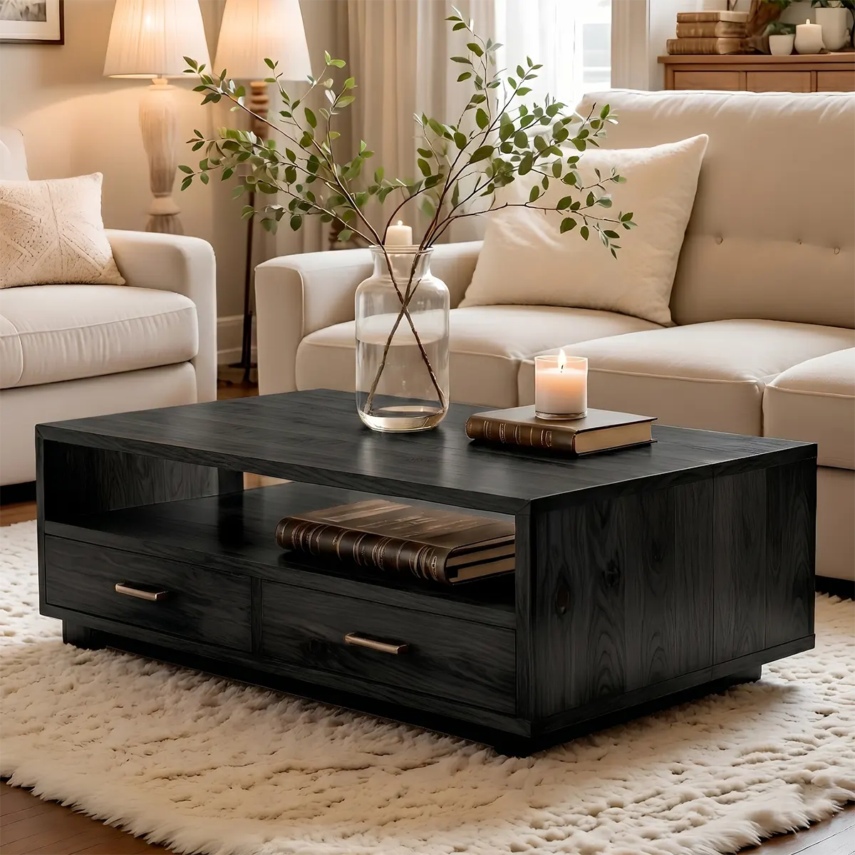 Modern Wood Coffee Table with Storage Drawers and Open Shelf