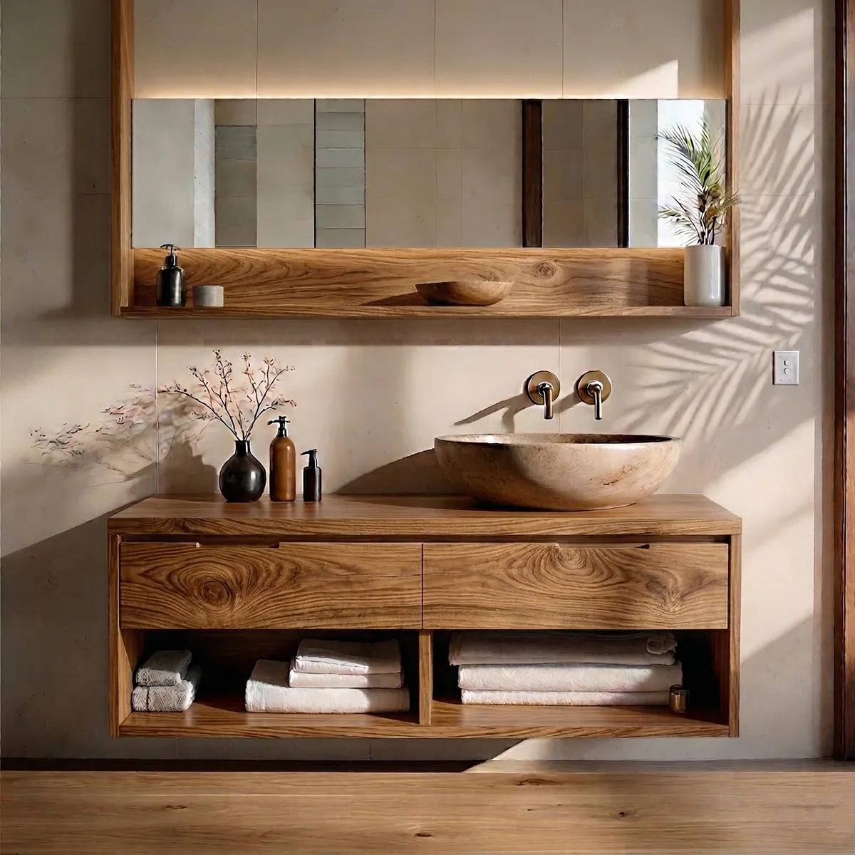 Floating Solid Wood Bathroom Vanity with 2 Drawers and Open Shelf