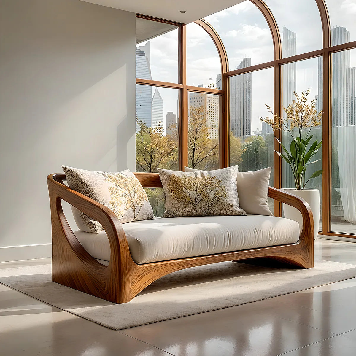 Handcrafted Organic Modern Solid Wood Loveseat Sofa with Sculptural Frame