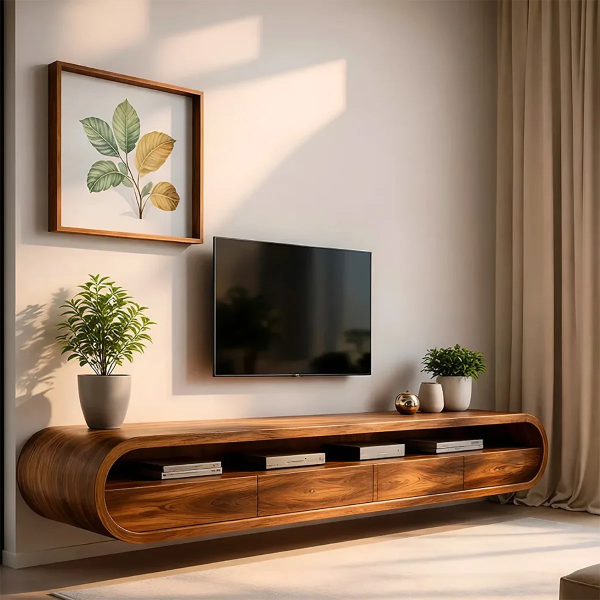 Modern Solid Wood Floating TV Stand with Rounded Edges