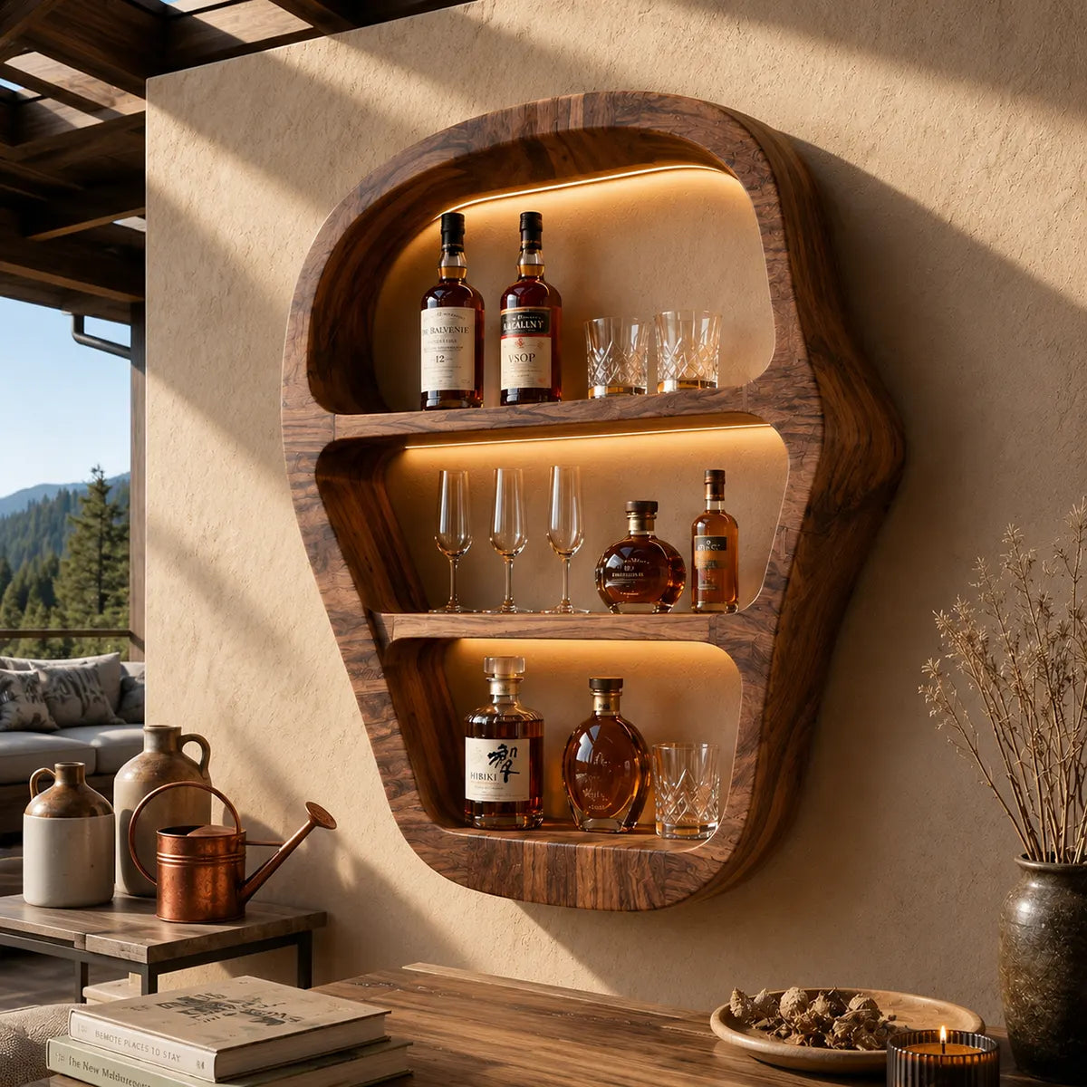 Sculptural Solid Wood Wall Wine Holder for Home Bars, Dining Rooms & Whiskey Lovers TT006-3455
