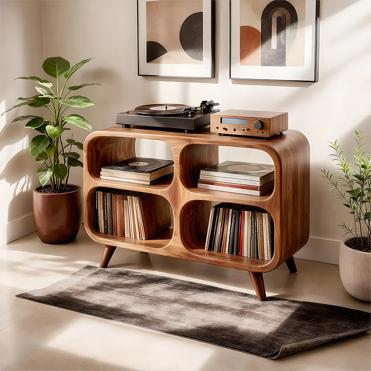 Mid-Century Modern Curved Wooden Media Console Base, Record Player Stands