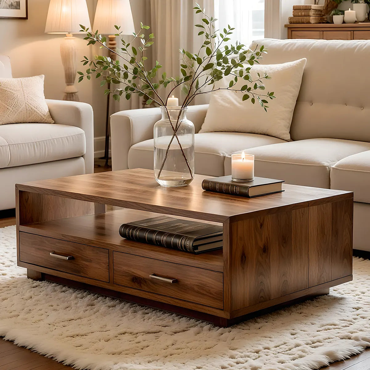 Modern Wood Coffee Table with Storage Drawers and Open Shelf