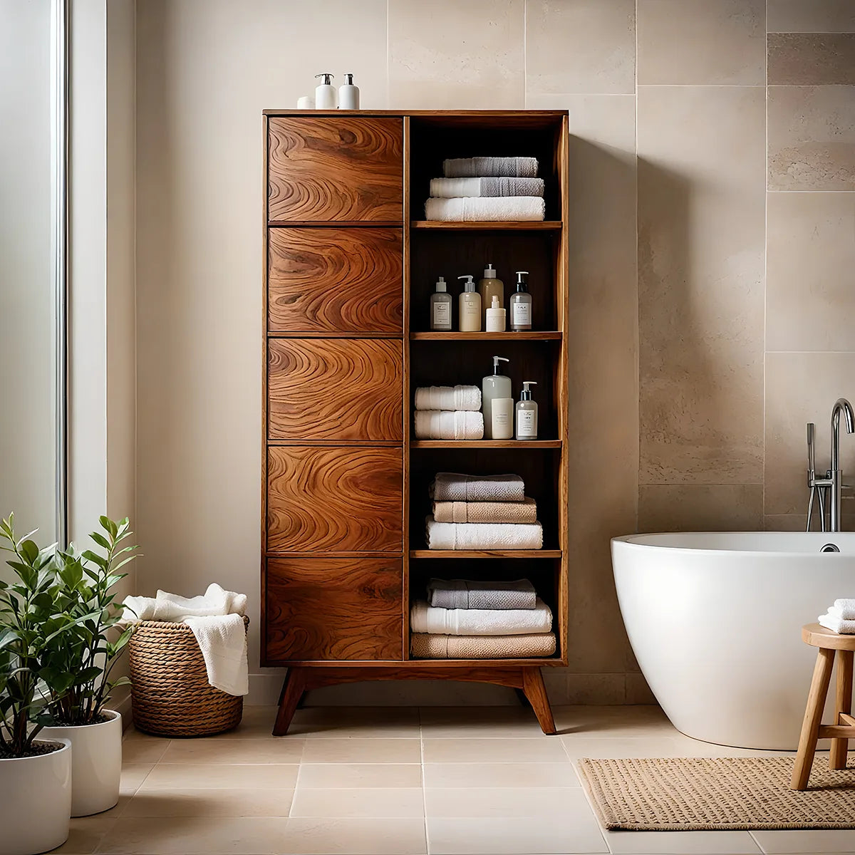 Solid Wood Bathroom Linen Storage Cabinet