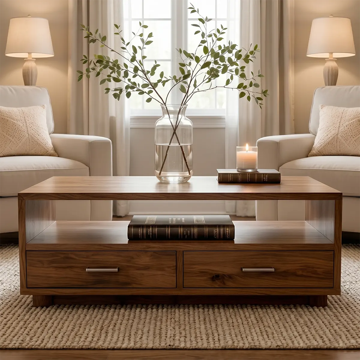 Modern Wood Coffee Table with Storage Drawers and Open Shelf