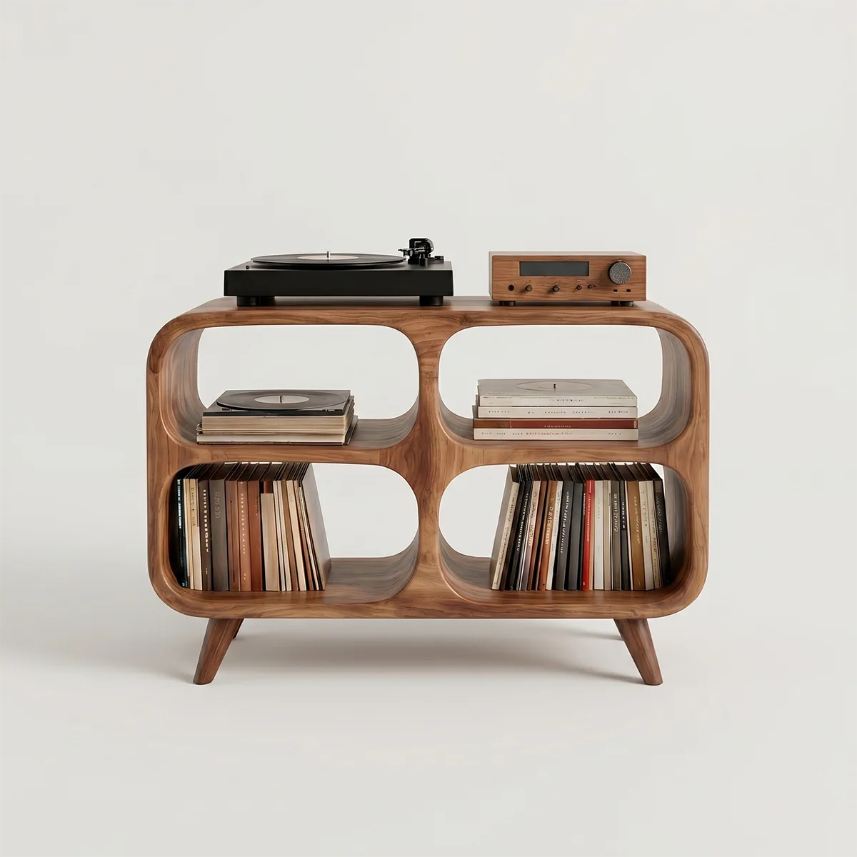 Mid-Century Modern Curved Wooden Media Console Base, Record Player Stands