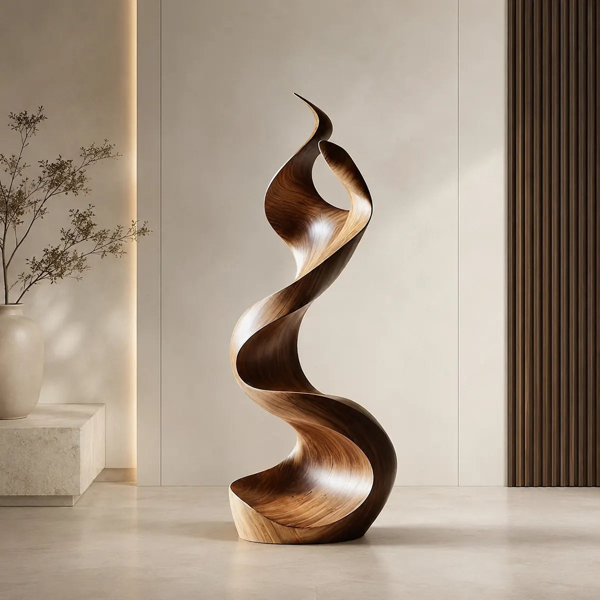Handcrafted Solid Wood Ribbon Floor Sculpture – Modern Organic Statement Art TT006-2239