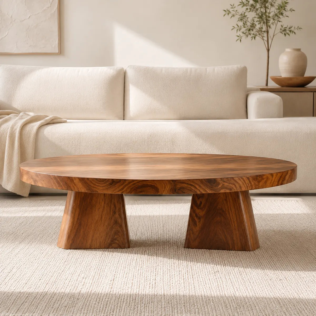 Round Solid Wood Coffee Table | Modern Hardwood Cocktail Table with Sculptural Pedestal Base TT006-5916