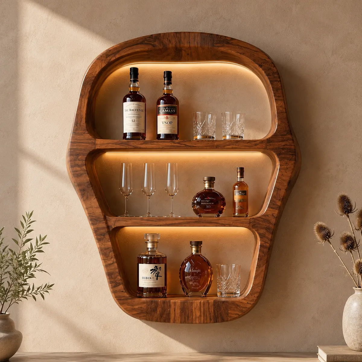 Sculptural Solid Wood Wall Wine Holder for Home Bars, Dining Rooms & Whiskey Lovers TT006-3455