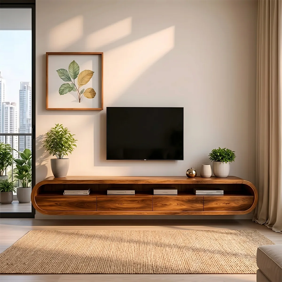Modern Solid Wood Floating TV Stand with Rounded Edges