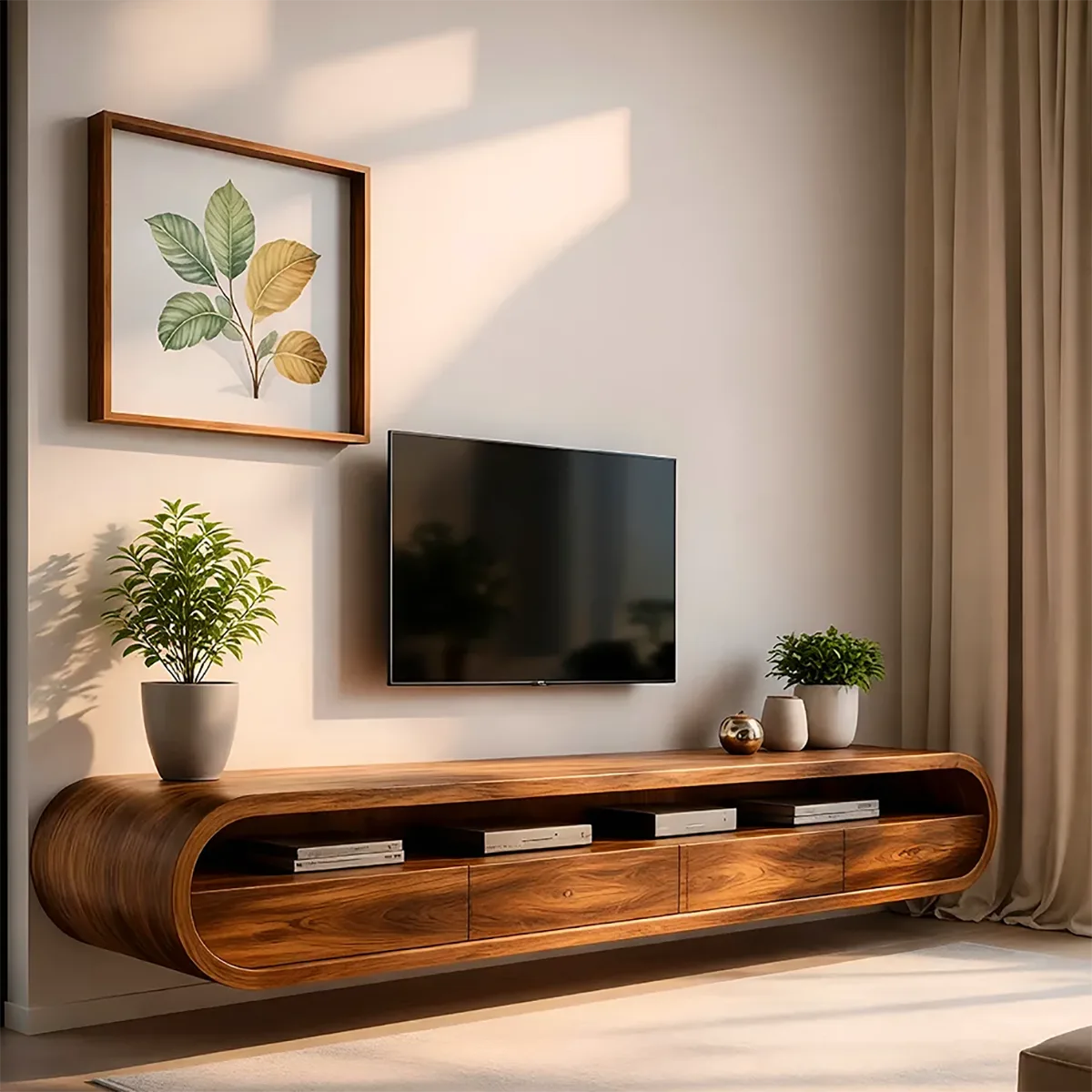 Modern Solid Wood Floating TV Stand with Rounded Edges