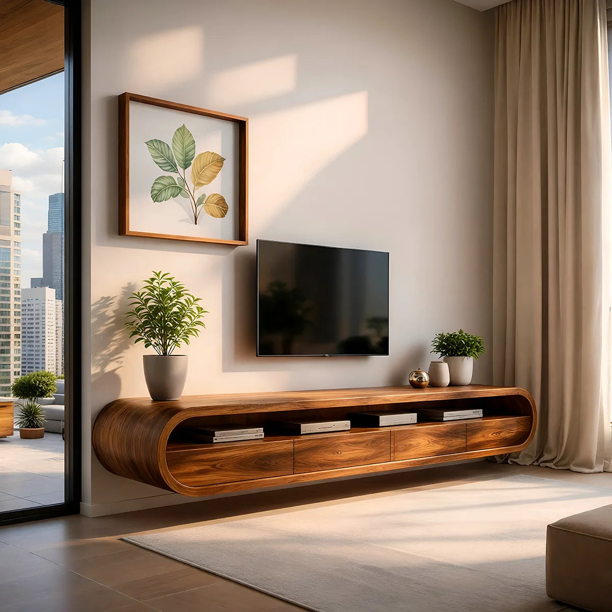 Modern Solid Wood Floating TV Stand with Rounded Edges