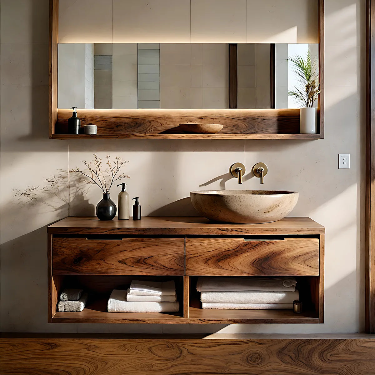 Floating Solid Wood Bathroom Vanity with 2 Drawers and Open Shelf