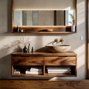 Floating Solid Wood Bathroom Vanity with 2 Drawers and Open Shelf