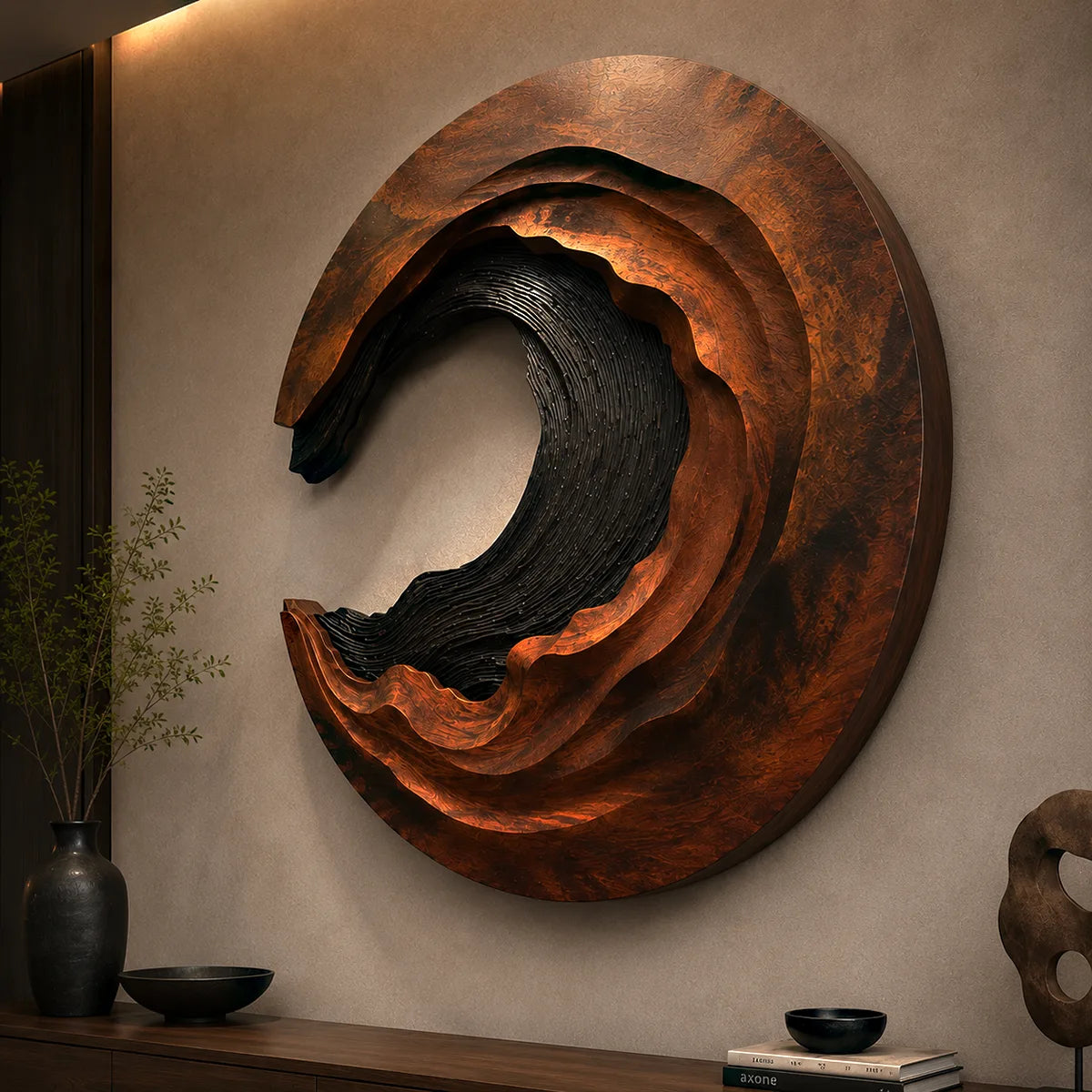 Abstract Wave Wood Wall Art | Large Round Sculptural Wooden Wall Decor TT006-1868