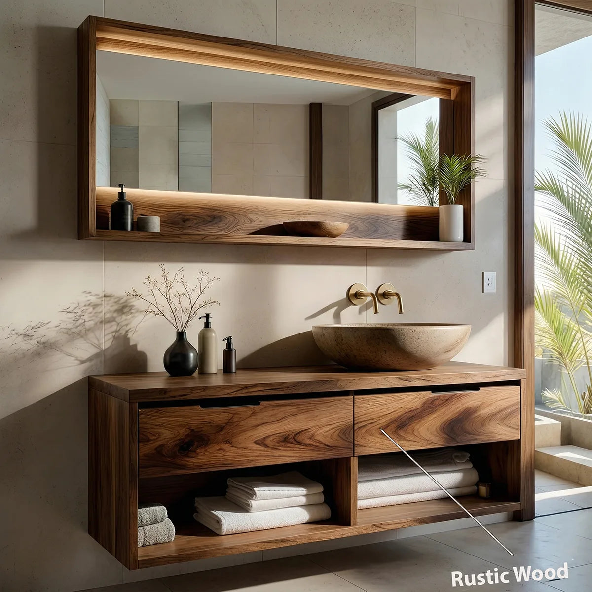 Floating Solid Wood Bathroom Vanity with 2 Drawers and Open Shelf