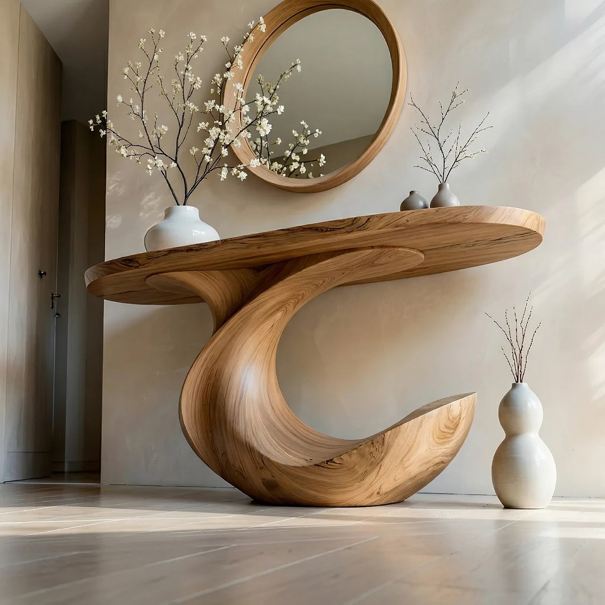 Sculptural Solid Wood Console Table with Flowing Wave Base