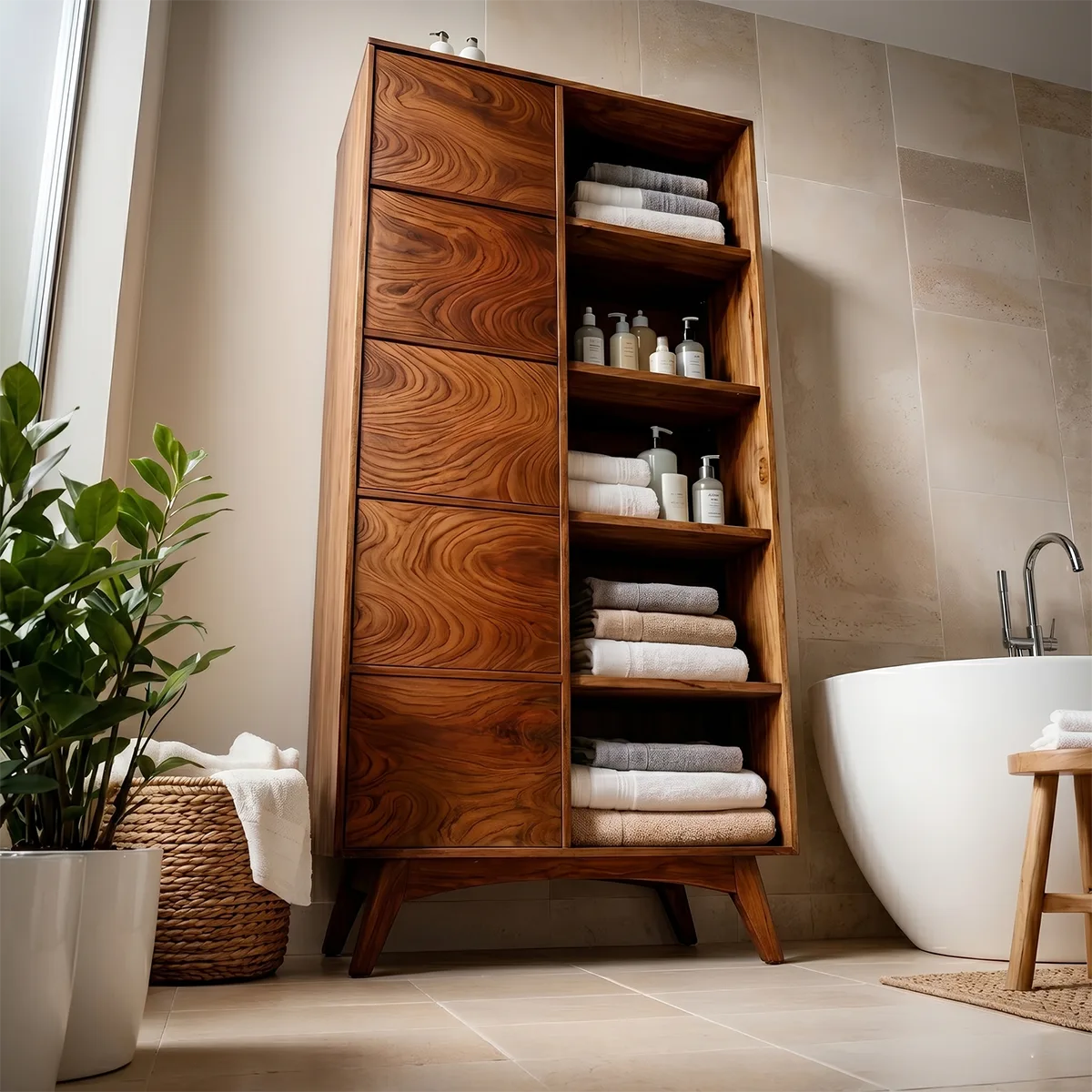 Solid Wood Bathroom Linen Storage Cabinet