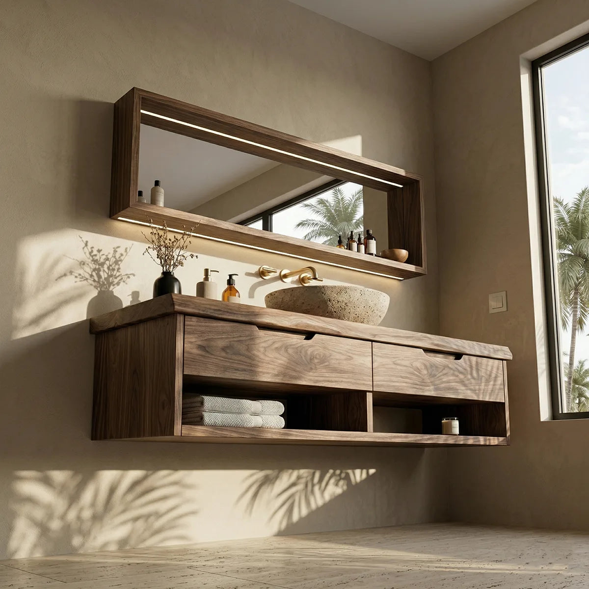 Floating Solid Wood Bathroom Vanity with 2 Drawers and Open Shelf