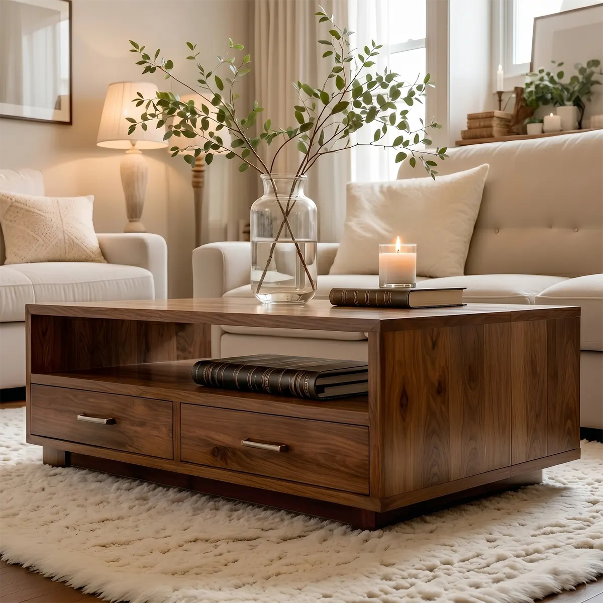 Modern Wood Coffee Table with Storage Drawers and Open Shelf