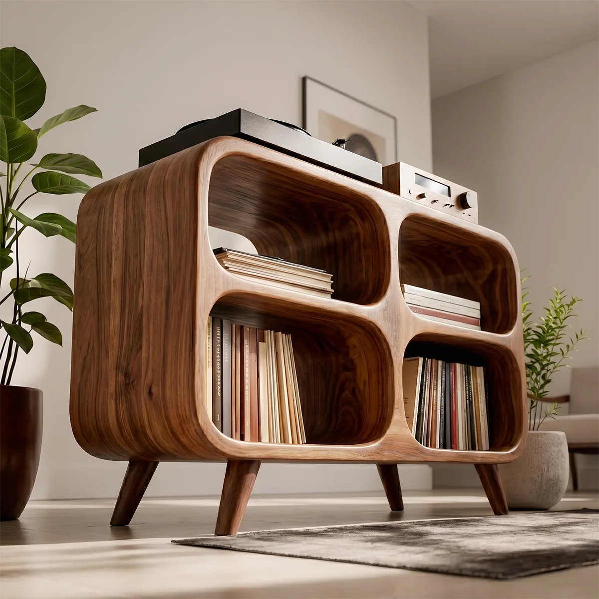 Mid-Century Modern Curved Wooden Media Console Base, Record Player Stands