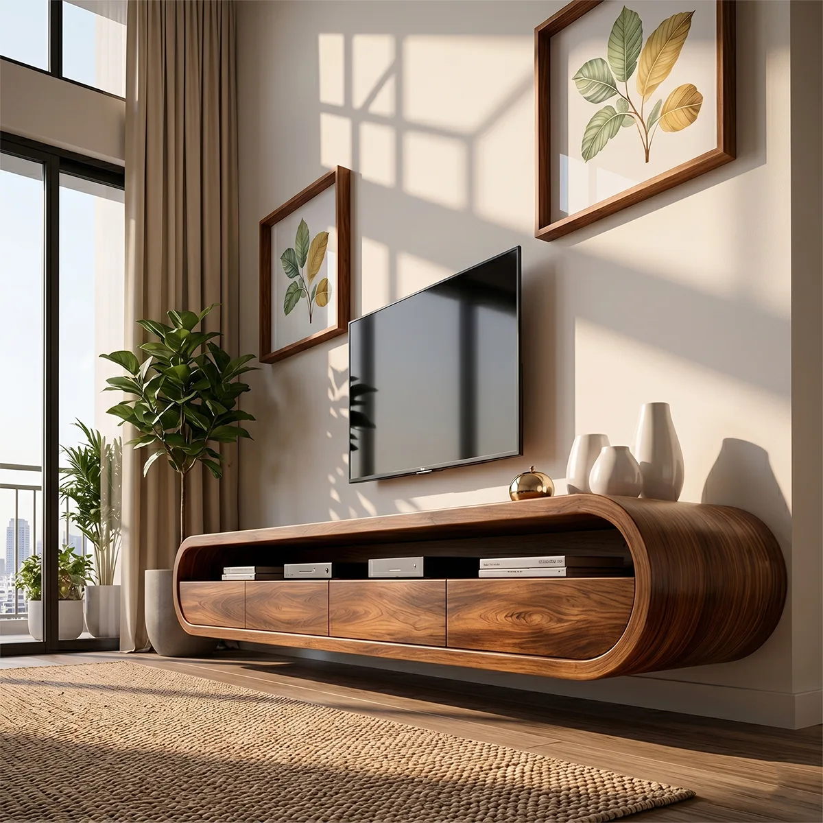 Modern Solid Wood Floating TV Stand with Rounded Edges