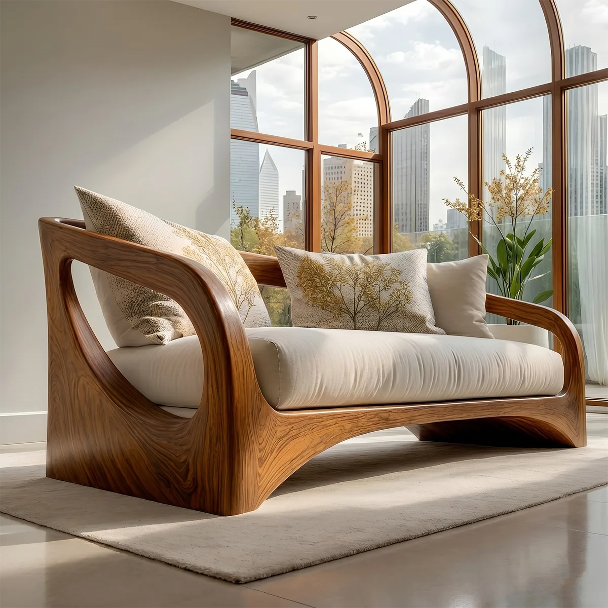 Handcrafted Organic Modern Solid Wood Loveseat Sofa with Sculptural Frame