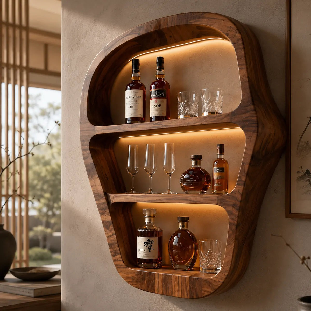 Sculptural Solid Wood Wall Wine Holder for Home Bars, Dining Rooms & Whiskey Lovers TT006-3455