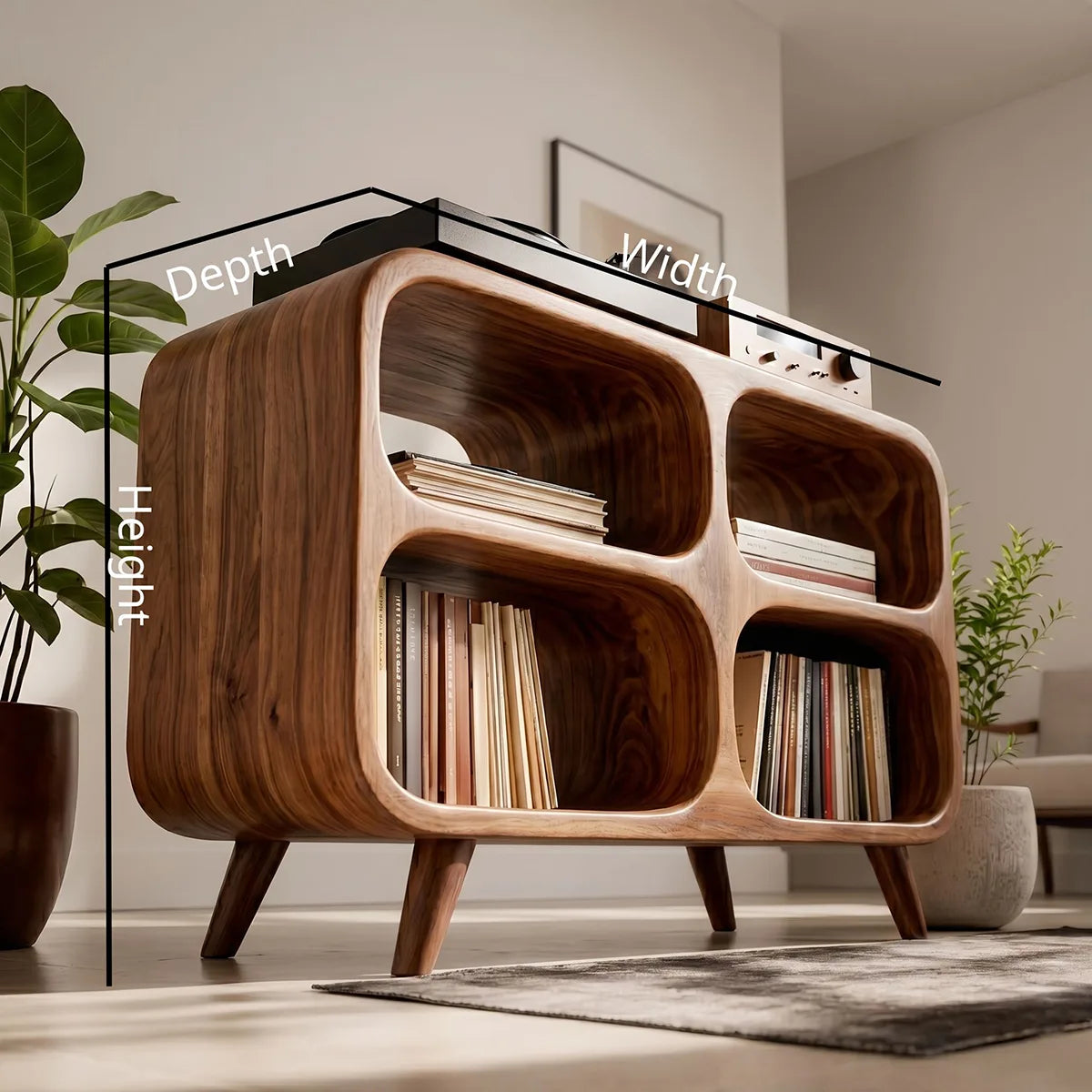 Mid-Century Modern Curved Wooden Media Console Base, Record Player Stands